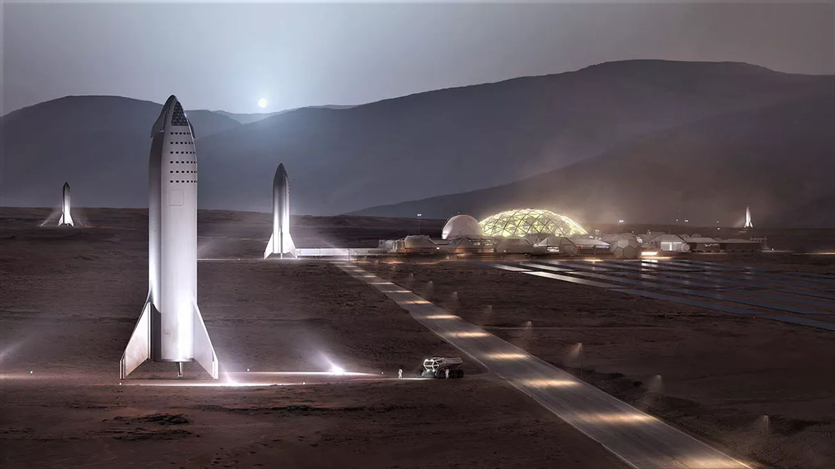 Crewed BFR modules in landing/launch zones next to a Martian colony SpaceX