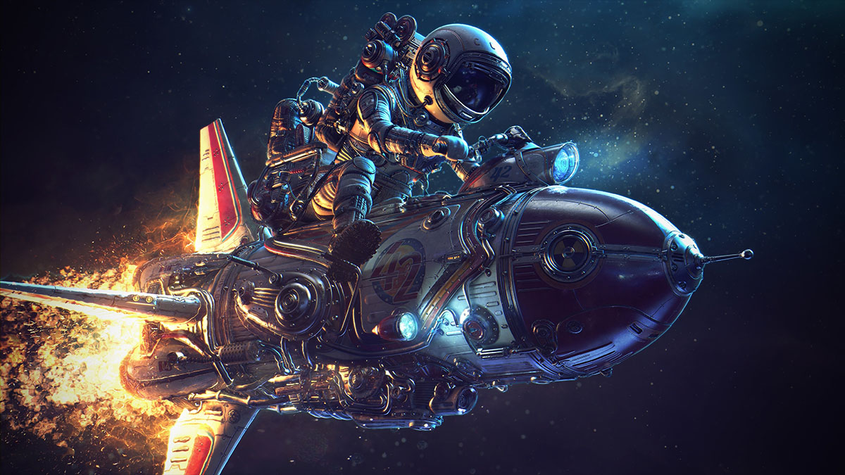 cosmonaut riding rocket