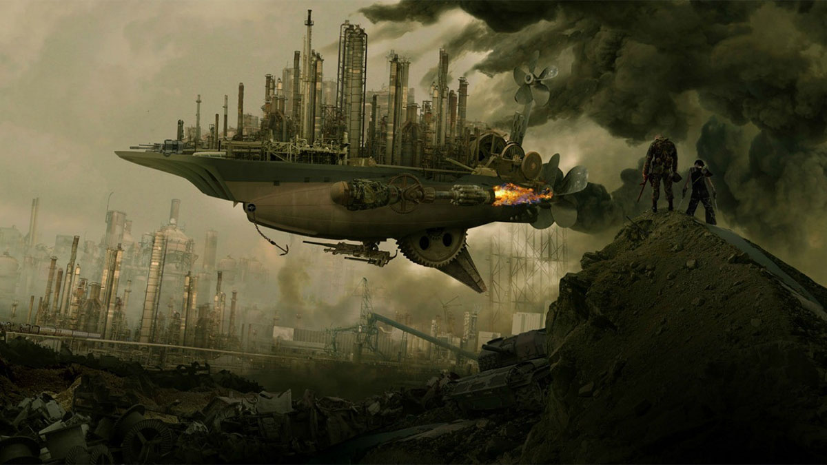 steampunk spaceship takeoff